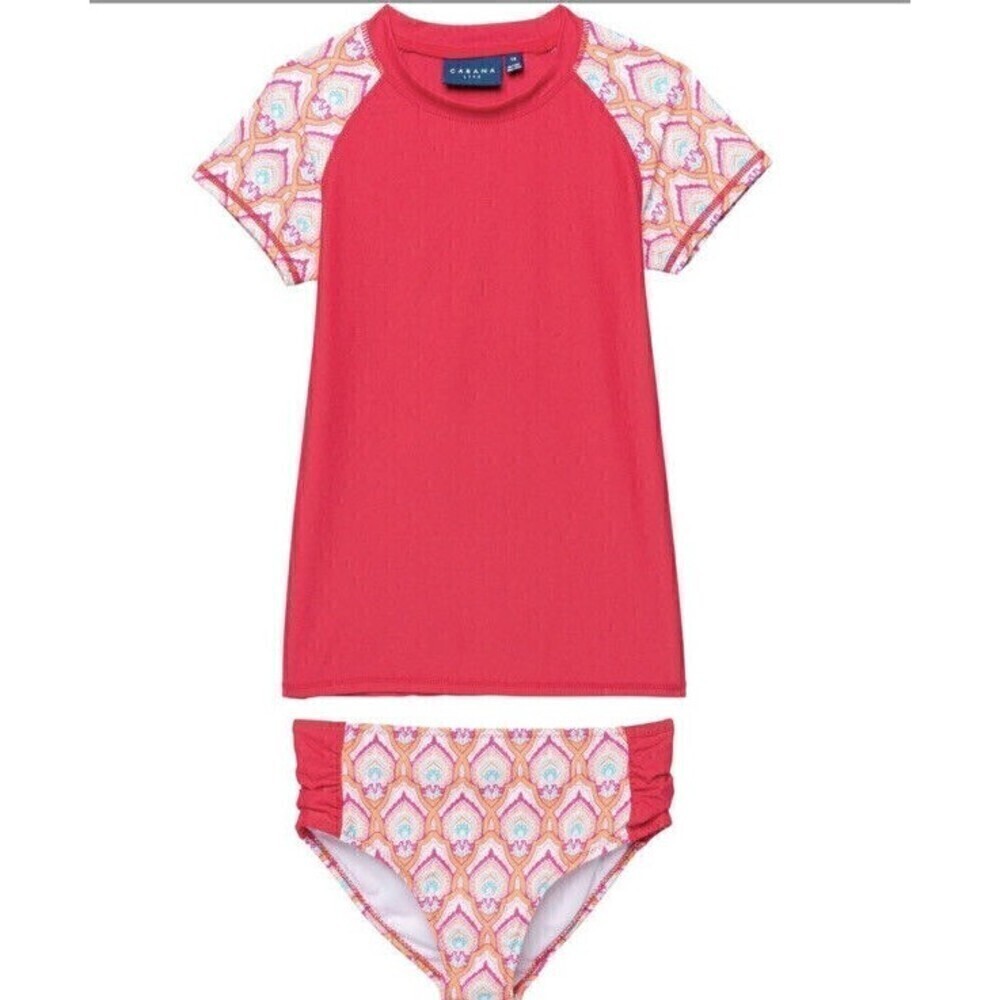Cabana Life Rash Guard Bikini Bottoms Set Swimsuit Pink Upf 50 Short Sleeve